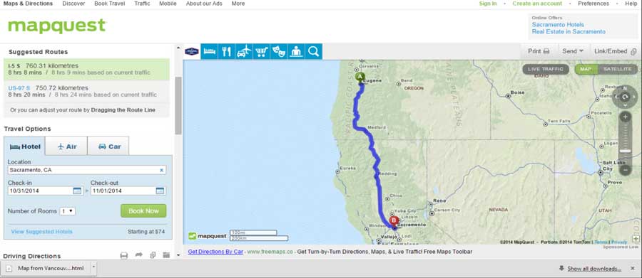 map of route from Eugene, OR to Sacramento, CA 