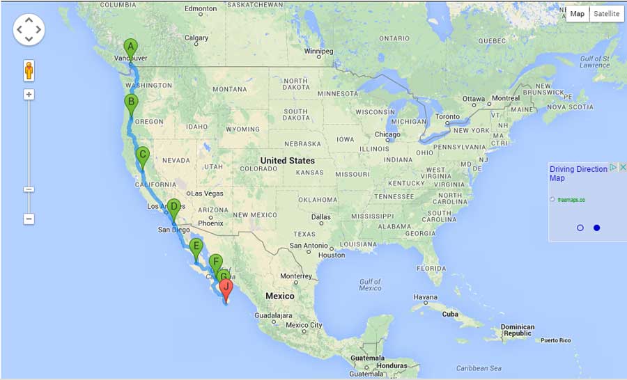 Map from Vancouver to Cabo San Lucas 