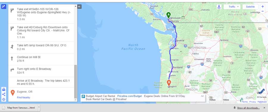 map of route from Vancouver, BC to Eugene, OR 